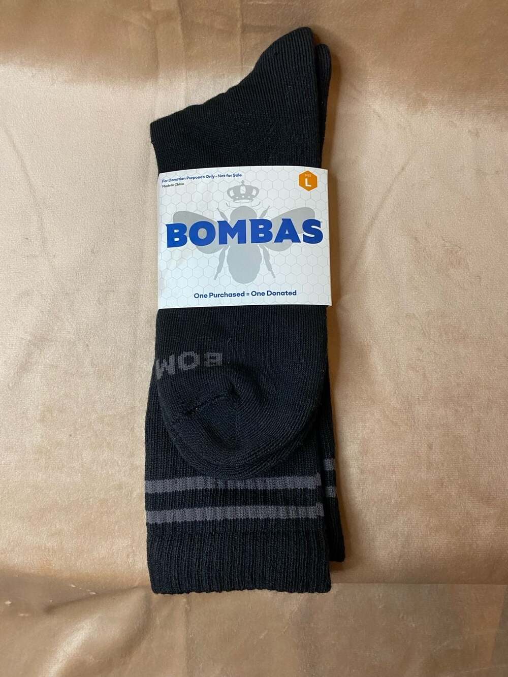 Bombas Mid-Calf Cushion Crew Socks Black with Grey Stripes Size L